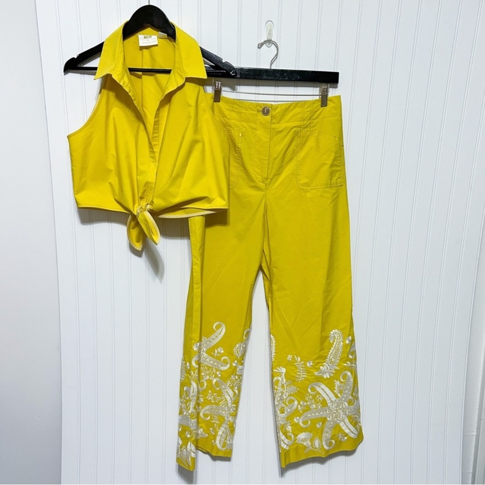 Maeve Anthropologie Tie Front Pant Set Yellow Embroidered Floral Two Piece